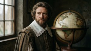 Dirk Diricks poserte med en globus i et raffinert kartograf-inspirert portrett