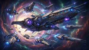 Fond d'écran anime 4K d'une flotte de vaisseaux spatiaux émergeant d'un trou de ver dans une nébuleuse