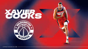 Basketballspiller i Wizards-uniform spretter med teamlogo og navn vist.