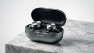 Auriculares Sony WF-1000XM5 en estuche de carga sobre mármol, para fondos de pantalla tecnológicos elegantes.