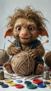 Furry creature knitting with yarn and colorful buttons on a white surface. — Diddl Picture