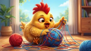 Chicky tangled in colorful yarn playing