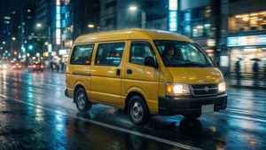 Den gule varebilen raser gjennom regnvåte gater i Ikebukuro om natten