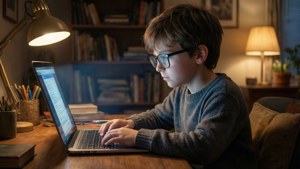 Een jongen met een bril die codeert in een gezellige kamer vol boeken