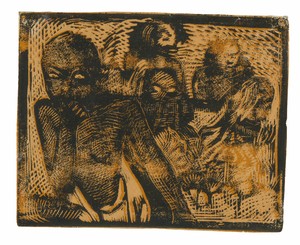 Young Maoris by Paul Gauguin, created 1896/97, in Wood-block print printed twice in yellow ocher and black ink, on cream wove notebook paper ruled in blue. Down