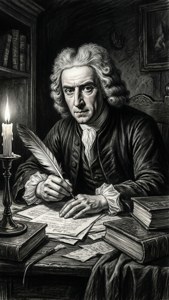 Sketsa hitam putih Isaac Newton muda di ruang belajar dengan cahaya lilin.