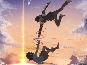 Two anime characters floating in the sky connected by glowing rings during sunset. — Your Name PNG