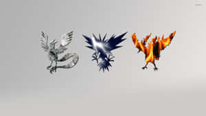 Tiga burung mitos dalam warna perak biru dan api terbang melawan latar abu-abu — Pokemon Wallpaper