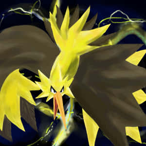 En gul och svart elektrisk fågel-Pokémon med glödande ögon och blixt-effekter. — Zappa Bilder