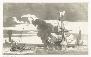Zeeslag by Anthonie van den Bos, created 1778 - 1832, in paper; etching; prenttekening; aquatint. Download this artwork as a high-resolution wallpaper for deskt — Anthonie van den Bos Wallpaper