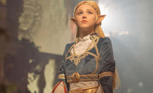 Elven warrior in blue and gold armor standing in misty ruins. — Zelda Phone Background