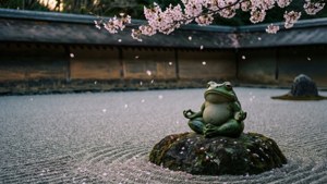 Patung katak yang tenang Womp Womp bermeditasi di taman bunga sakura.