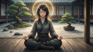 Frieren mediteert in een minimalistische zen-tuin met gouden aura.