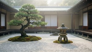 En rolig japansk-inspirert hage designet for mindfulness og enkelhet.