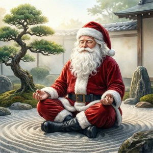 Babbo Natale medita in un sereno giardino zen, trovando la pace interiore.