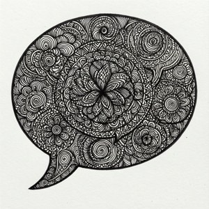 Papel de parede zentangle intrincado desenhado à mão com motivos de bolhas de chat em tinta preta