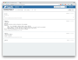 Interface do caderno Zeppelin a mostrar células de código para atribuição de variáveis e recuperação de configuração. — Explorer Papéis de Parede