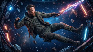 A bearded space warrior fights with a glowing sword inside a damaged spaceship.
