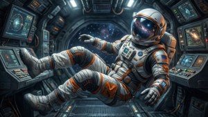 Een sci-fi-avonturenachtergrond van Mahiro die zweeft in een ruimteschipcabine als ruimteverkenner.