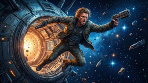 Gene Starwind sautant en apesanteur avec son arme prête.