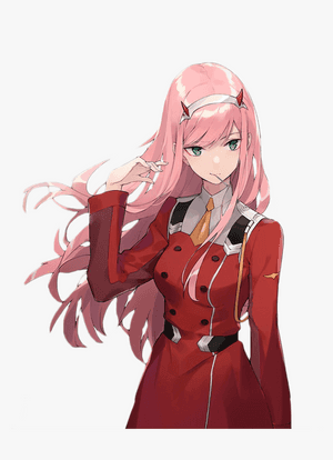 Anime girl with pink hair and devil horns in a red uniform. — Zero Two Wallpaper
