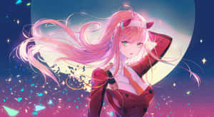 Pink-haired anime girl with cat ears under a glowing moon and stars. — Cool Anime Girl Wallpaper