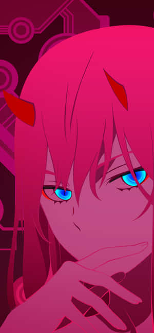 Pink-haired anime girl with blue eyes and devil horns touching her lips. — Zero Two Wallpaper