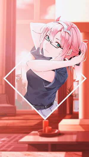 Pink-haired anime girl with cat ears and glasses hugging herself in a cozy red-lit room. — Zero Two Wallpaper