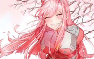 Anime girl with pink hair and cat ears smiling under cherry blossoms. — Zero Two Wallpaper