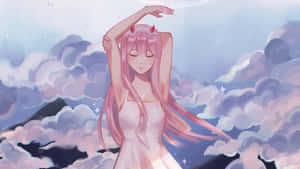 Anime girl with pink hair and horns stretching in a cloudy sky with stars. — Zero Two Wallpaper