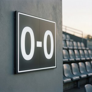 Minimalist white scoreboard displaying 0-0 in an empty stadium.