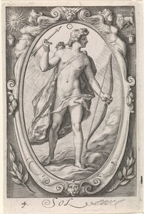 Zon (Apollo) by Jacob Matham, created 1597, in paper; engraving. Download this artwork as a high-resolution wallpaper for desktop, tablet, or mobile. — Jacob Matham Wallpaper