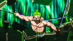 Guerrero de anime con cabello verde y espadas luchando en un bosque de bambú. — Armadura de samurái Fondos de pantalla