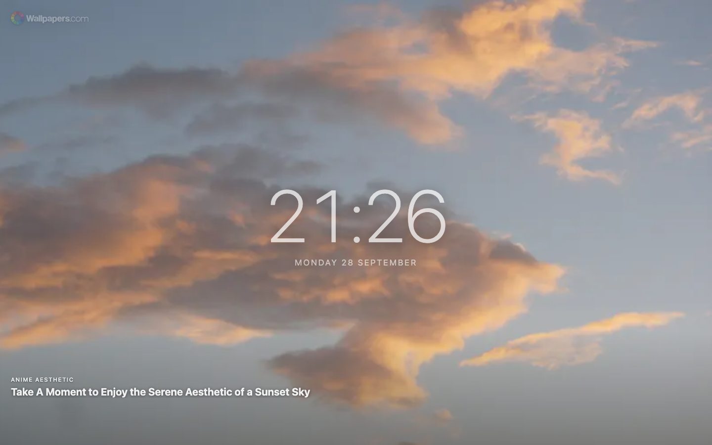 New tab with a large clock and the date over a sunset sky wallpaper
