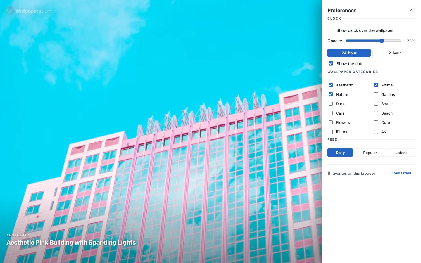 The Preferences panel with clock settings, twelve wallpaper categories and the Daily, Popular and Latest feed options